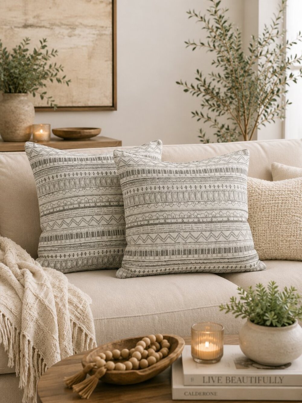 Mika Home Boho Throw Pillow Covers Set of 2 20x20 Gray Cream Geometric NWT